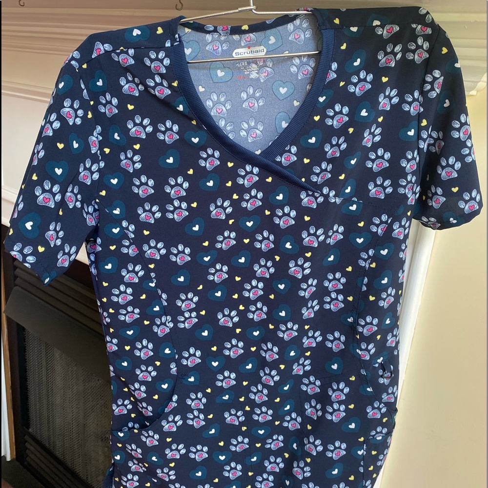 Navy Puppy Paw Print Scrub Shirt- Small